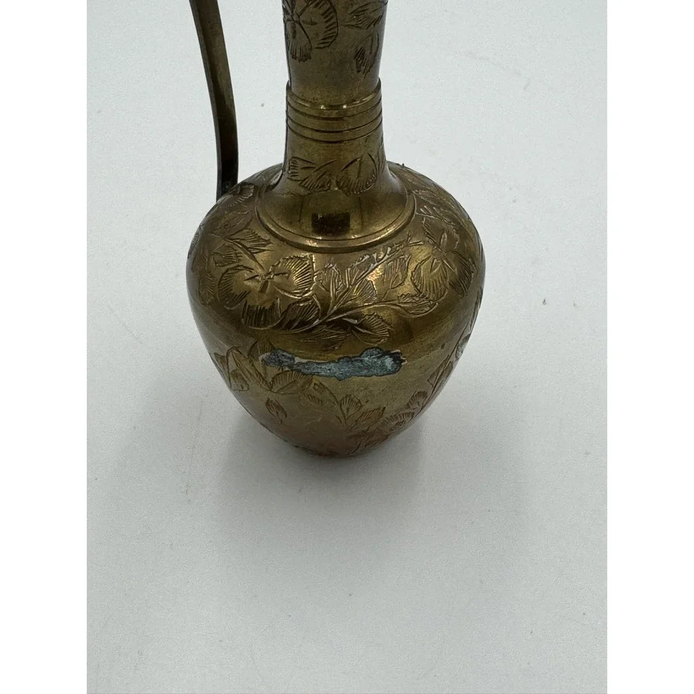 Vintage Solid Brass Miniature Pitcher Ewer Etched Floral Leaf Design Handle